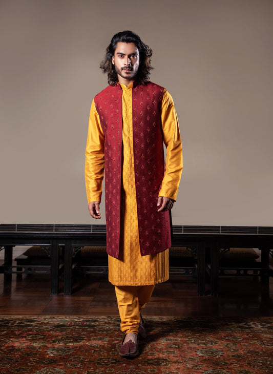 maroon-embroidered-jacket-with-honey-kurta-set