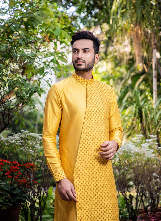 mustard-embroidered-diagonal-cut-kurta-set