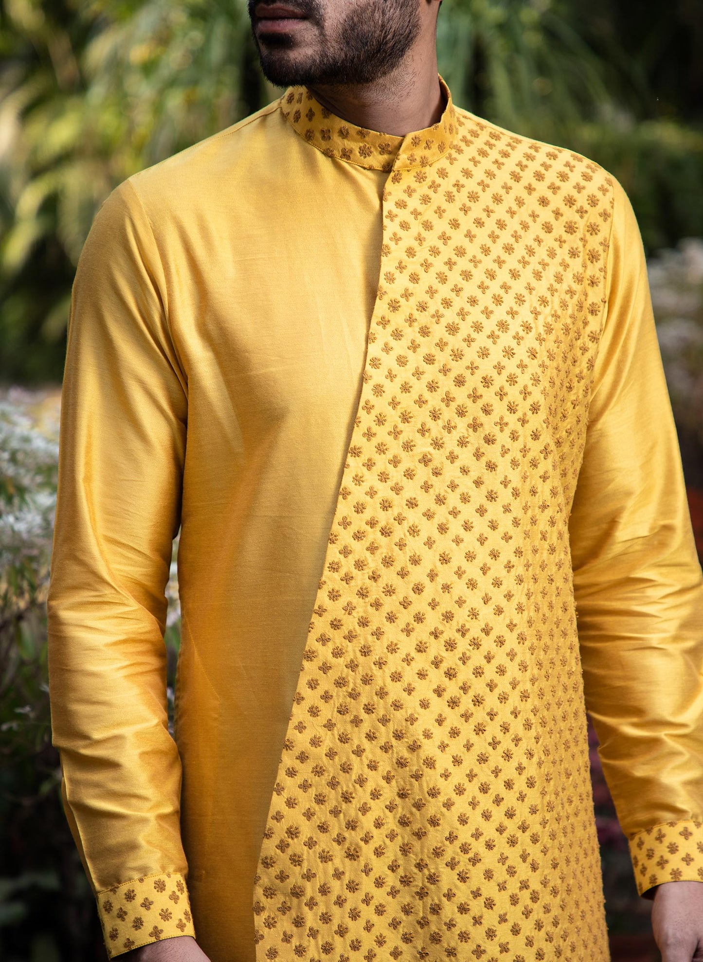 mustard-embroidered-diagonal-cut-kurta-set