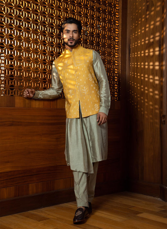 mustard-silk-jacket-with-pleated-kurta-set