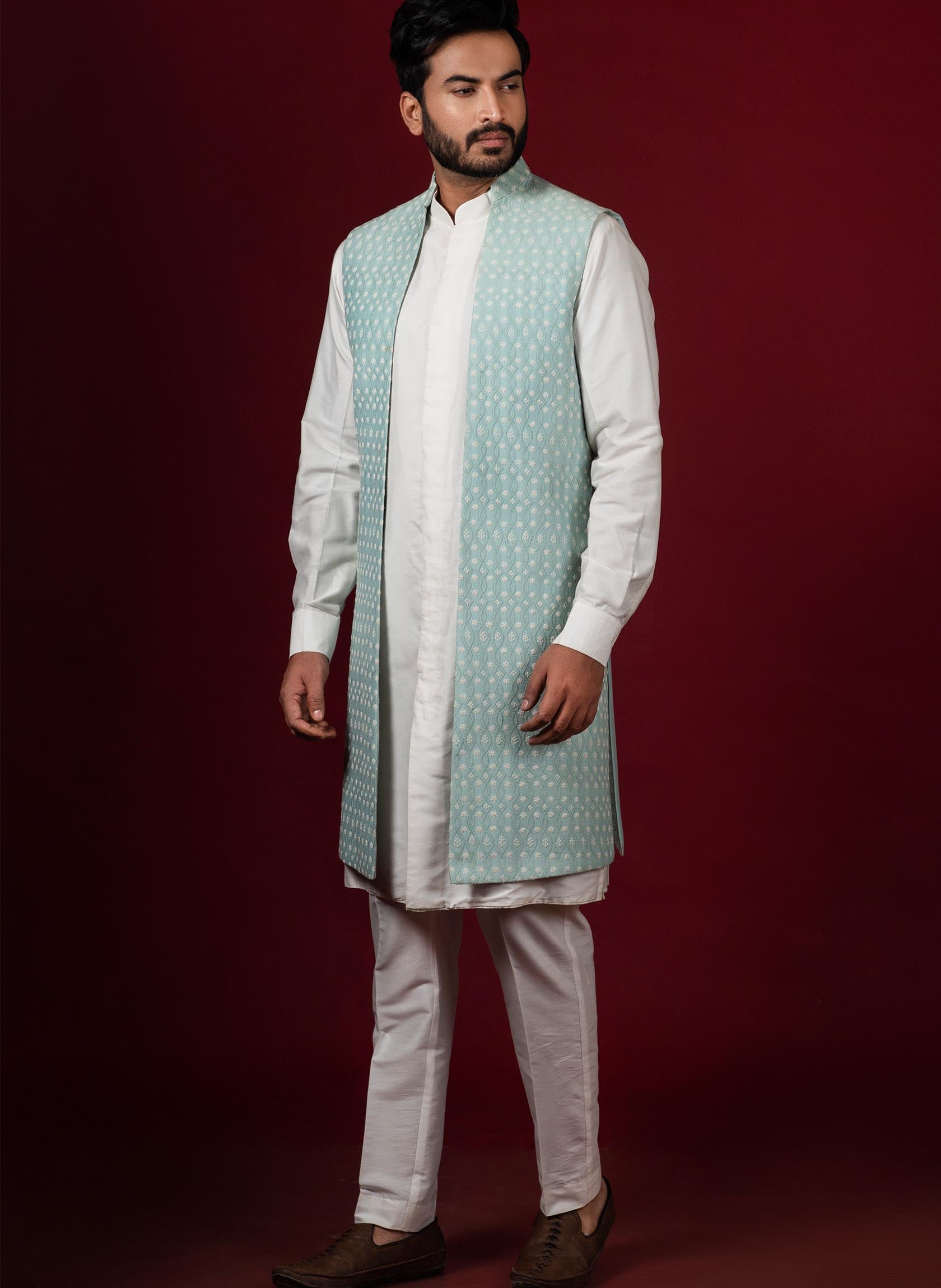 off-white-kurta-with-aqua-long-jacket