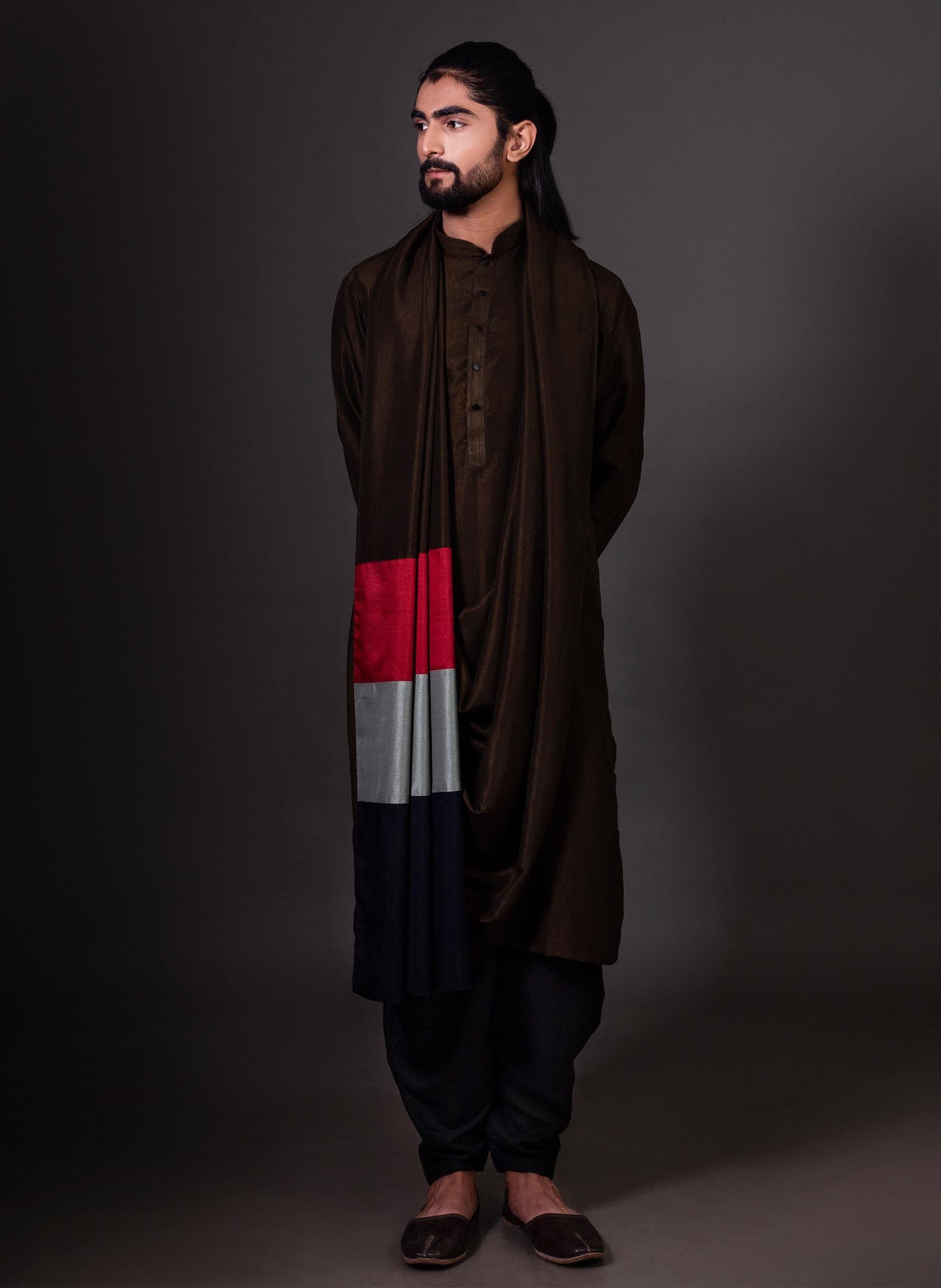 olive-green-draped-kurta-with-attached-stole