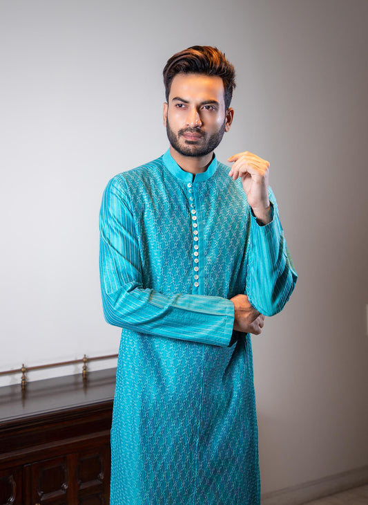 turquoise-blue-diagonal-pintuck-kurta-set
