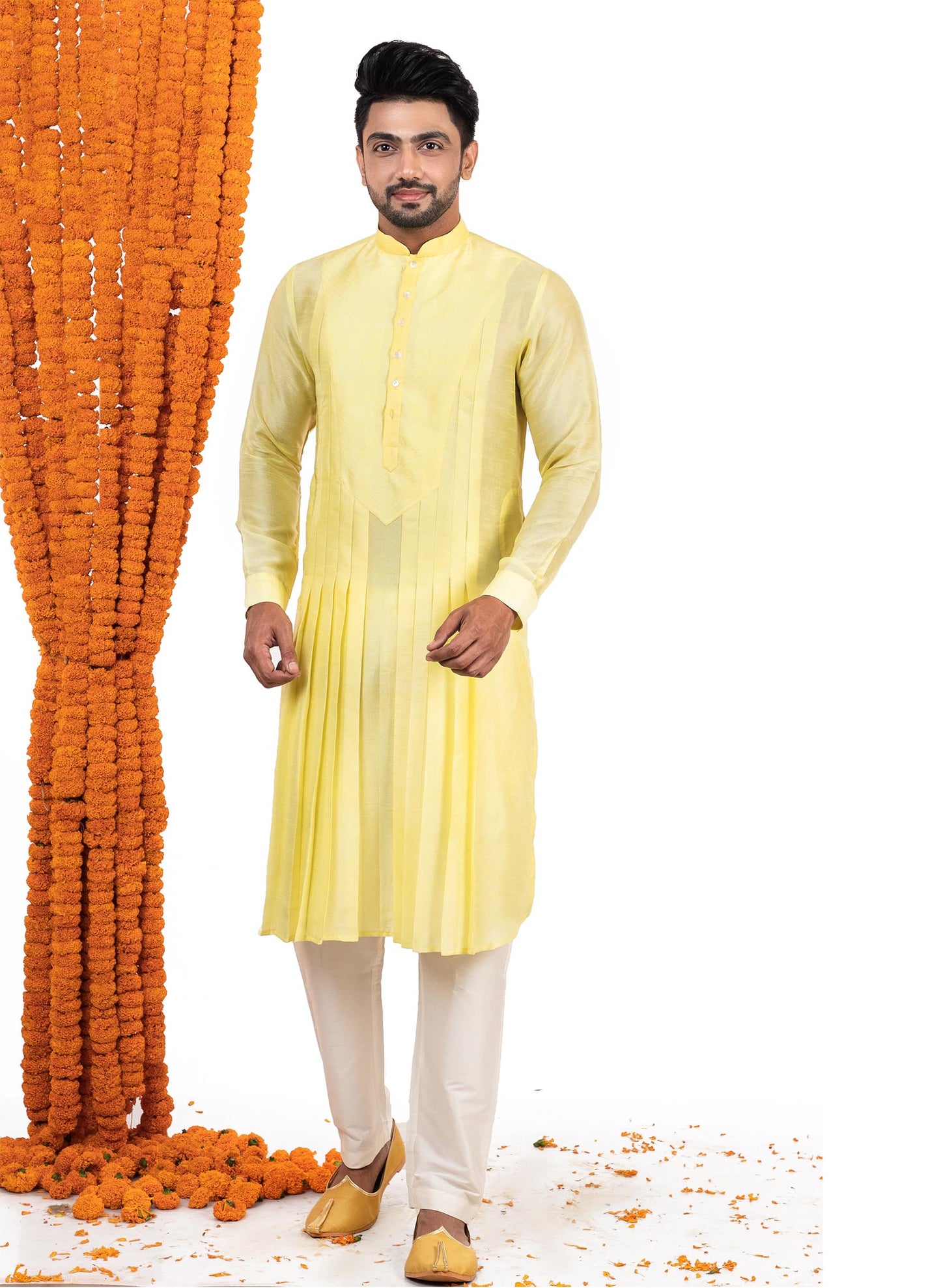 yellow-pleated-kurta-set