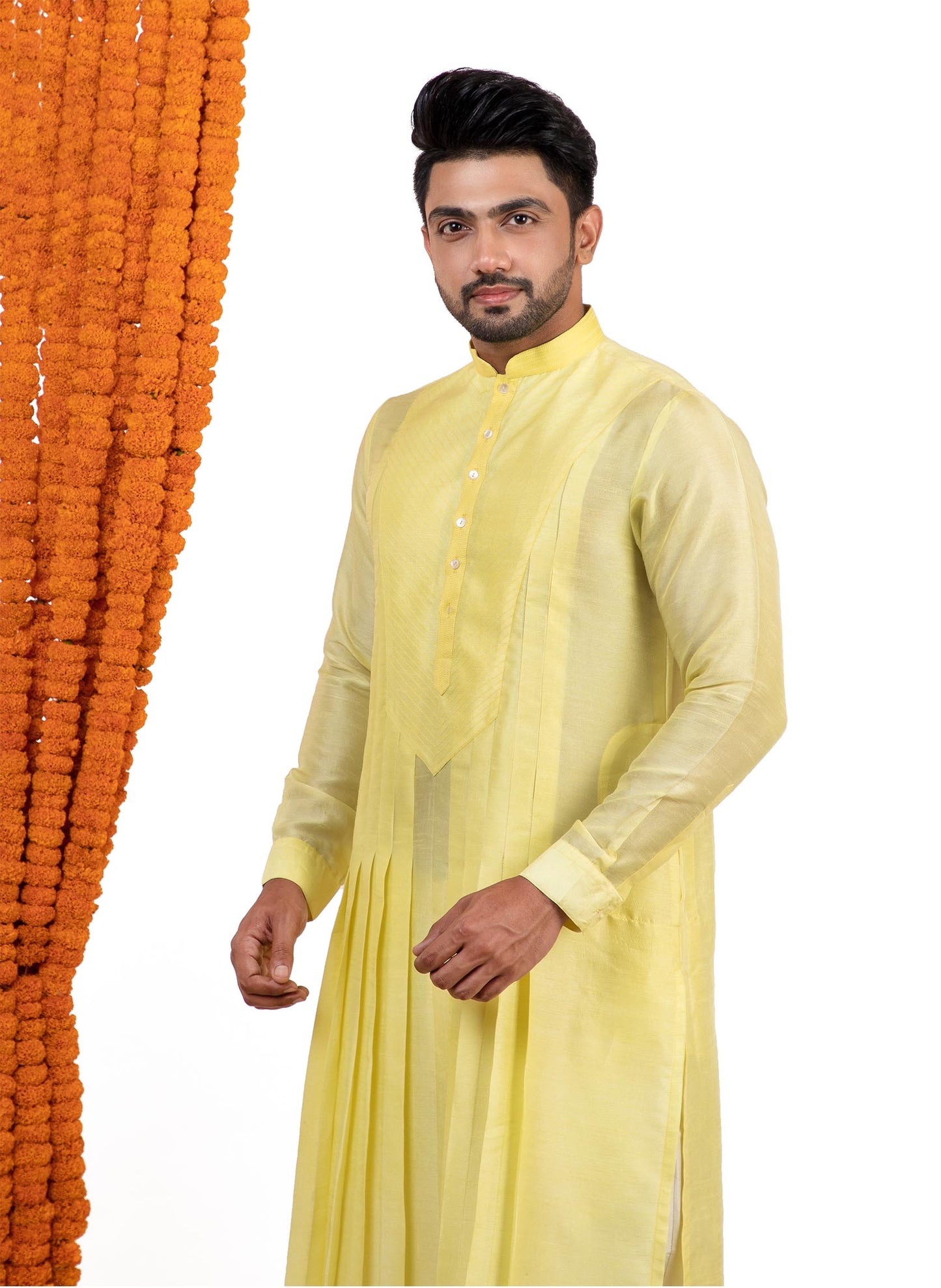 yellow-pleated-kurta-set
