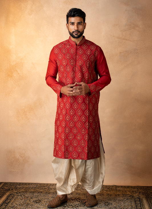 Red Embroidered Kurta Dhoti
