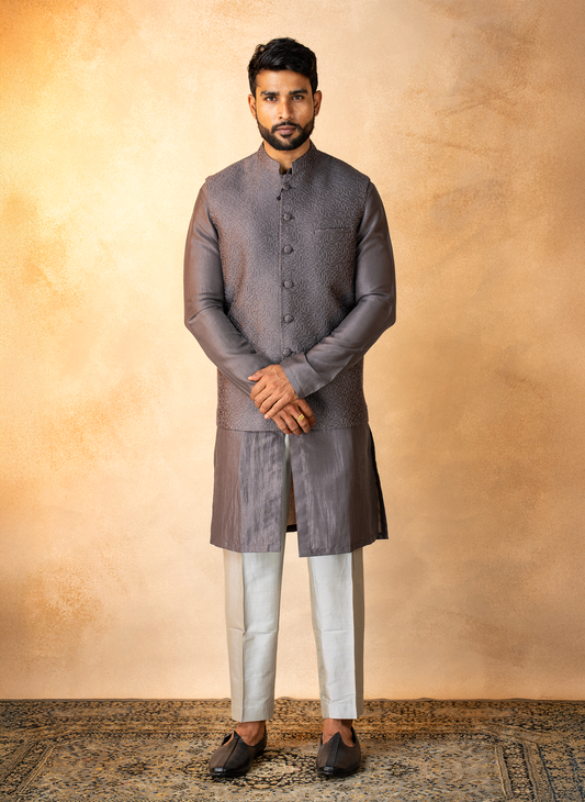 Grey threadwork Jacket Set