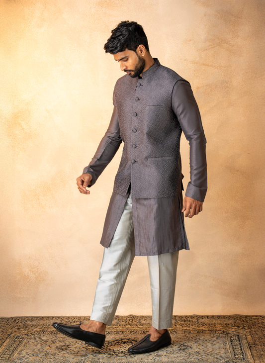 Grey threadwork Jacket Set