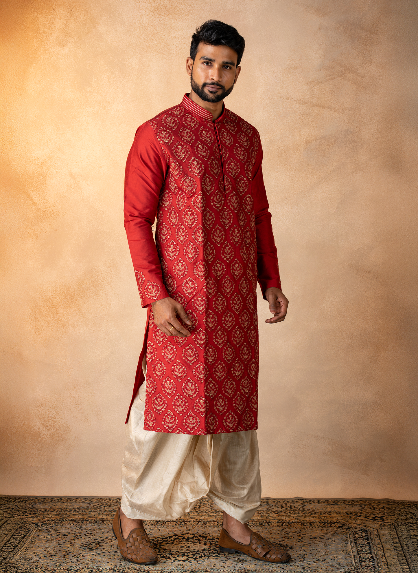 Red Embroidered Kurta Dhoti