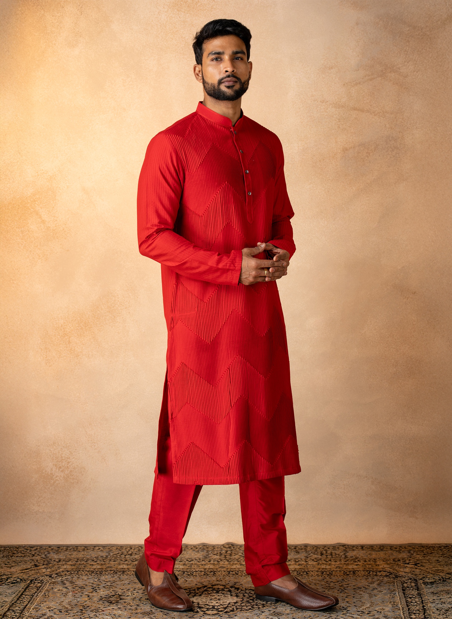 Red Chevron Pintuck Kurta Set