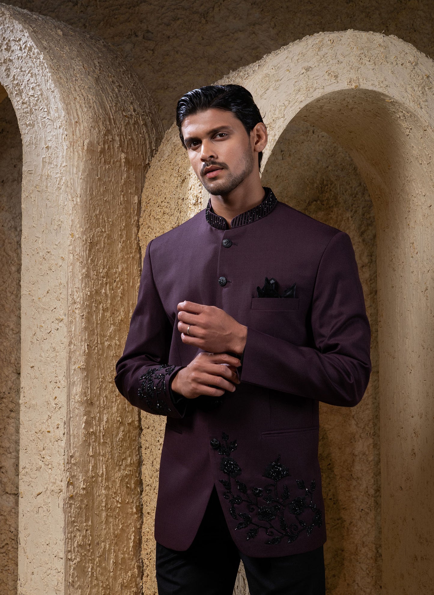 Wine & Black Bandhgala Set