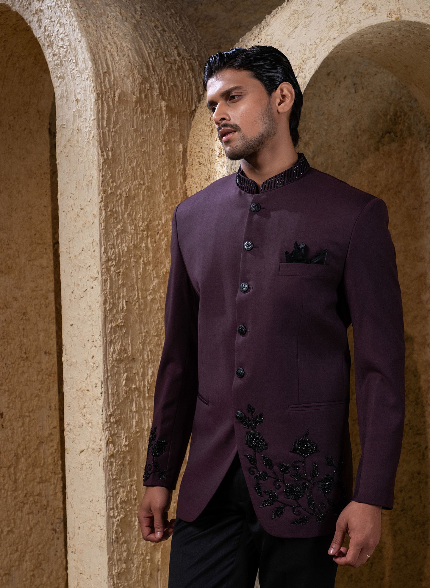 Wine & Black Bandhgala Set