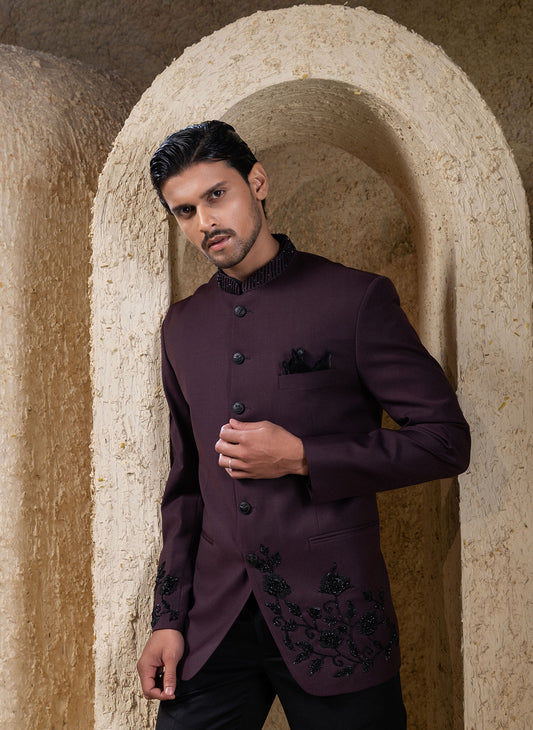 Wine & Black Bandhgala Set