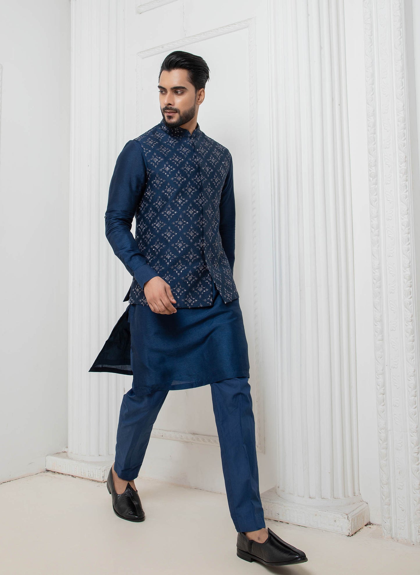 Blue Embellished Jacket with Short Kurta Set