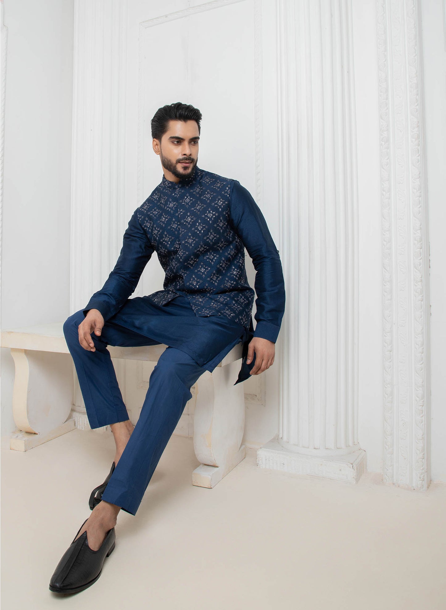 Blue Embellished Jacket with Short Kurta Set