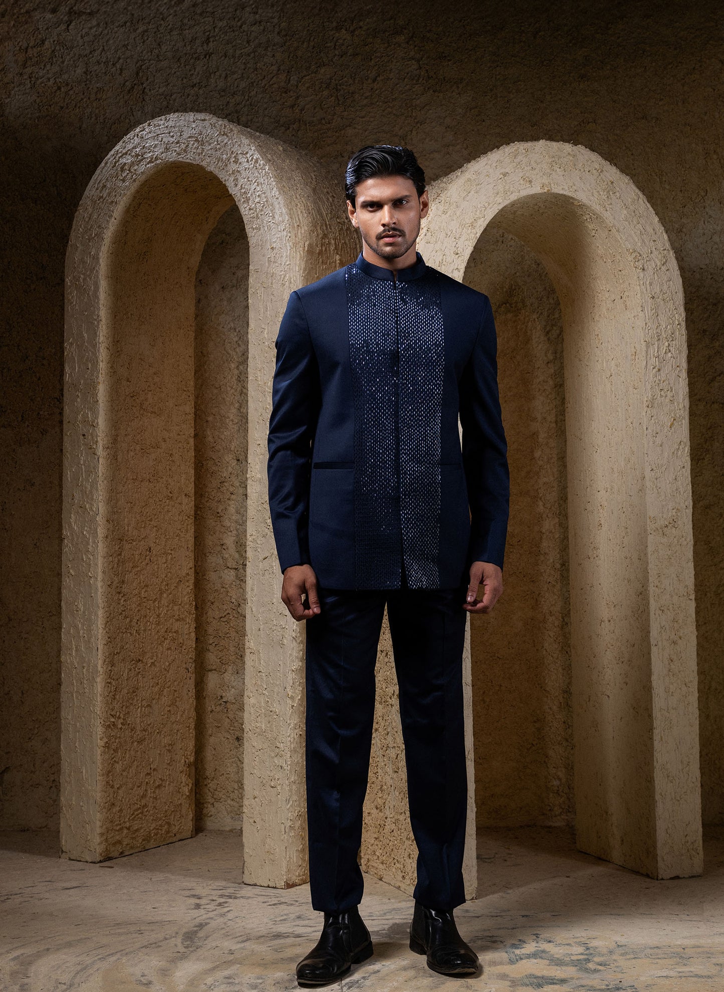 Blue Embroidered Bandhgala Set