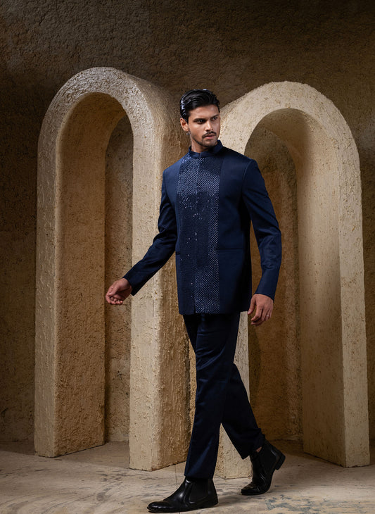 Blue Embroidered Bandhgala Set