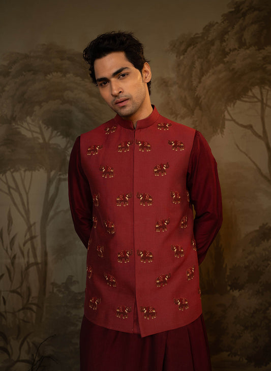 maroon-elephant-embroidered-jacket-with-kurta-set