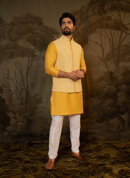 mustard-applique-jacket-with-pleated-kurta-set