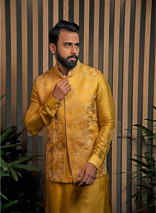 yellow-embroidered-bandi-with-kurta-set