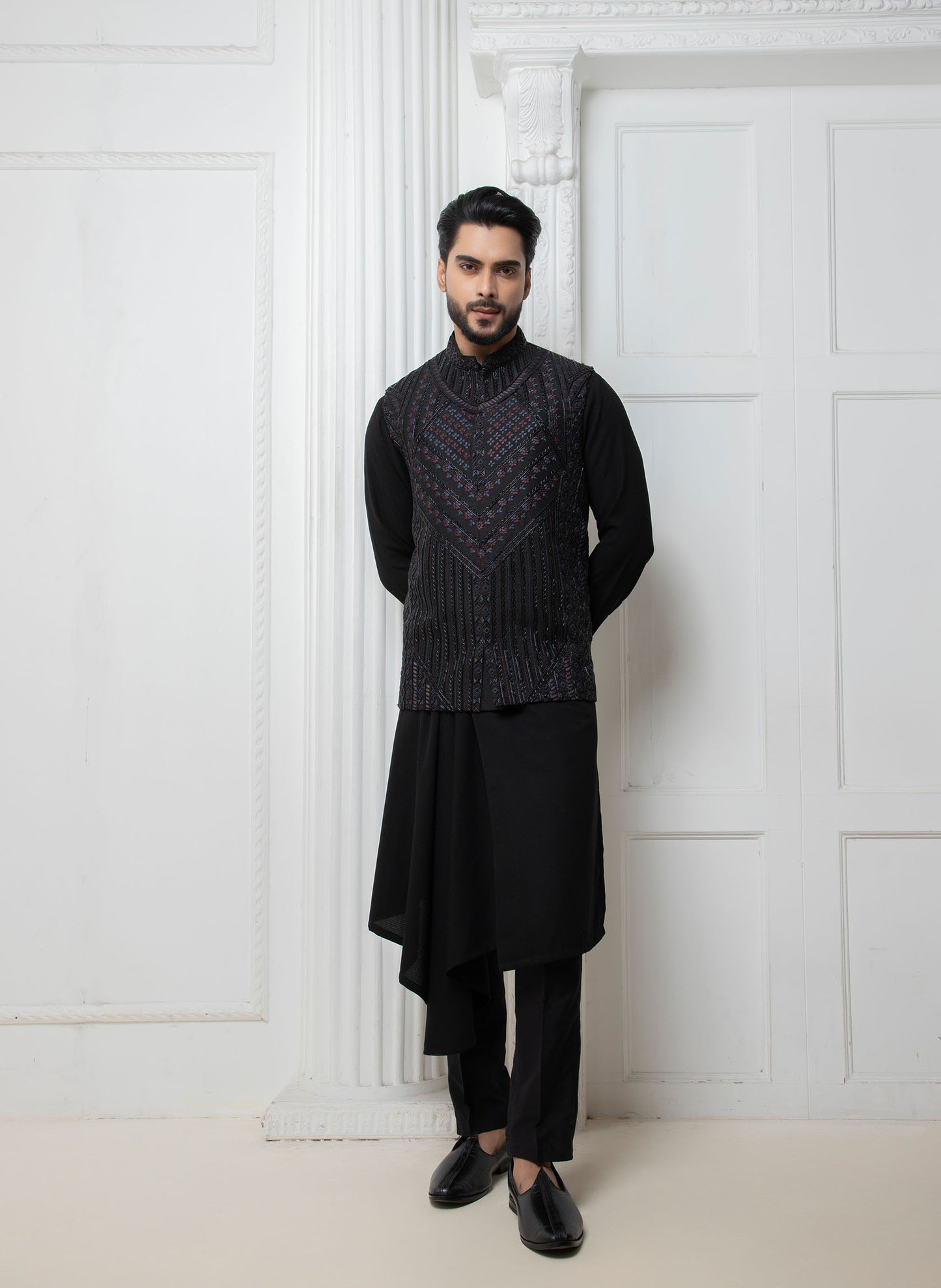 Black Embellished Jacket with Draped Kurta Set