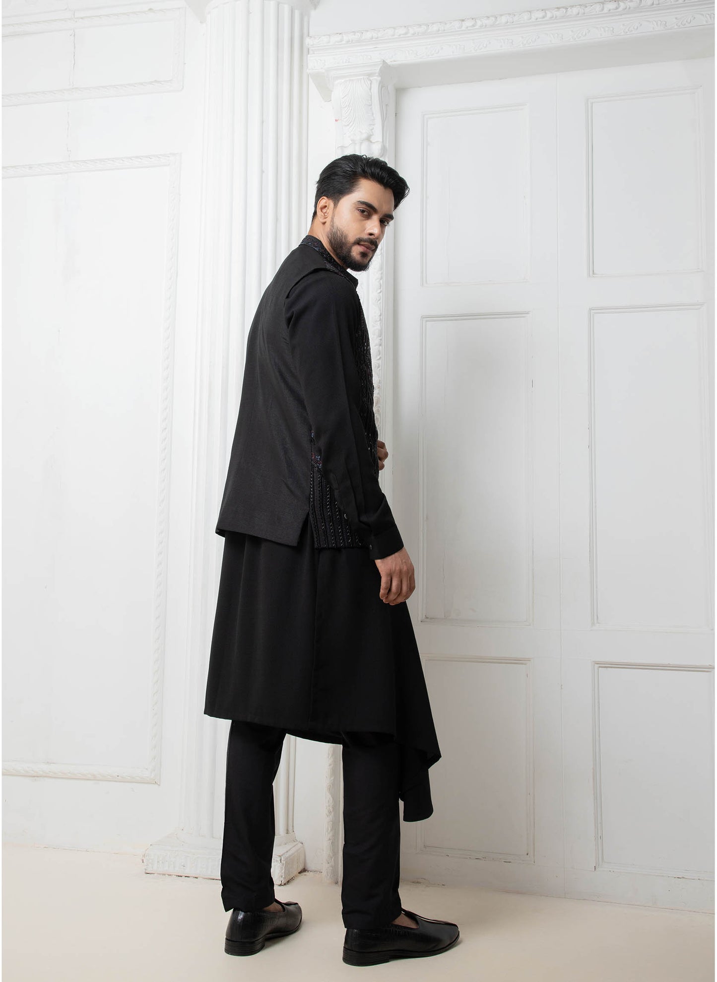 Black Embellished Jacket with Draped Kurta Set