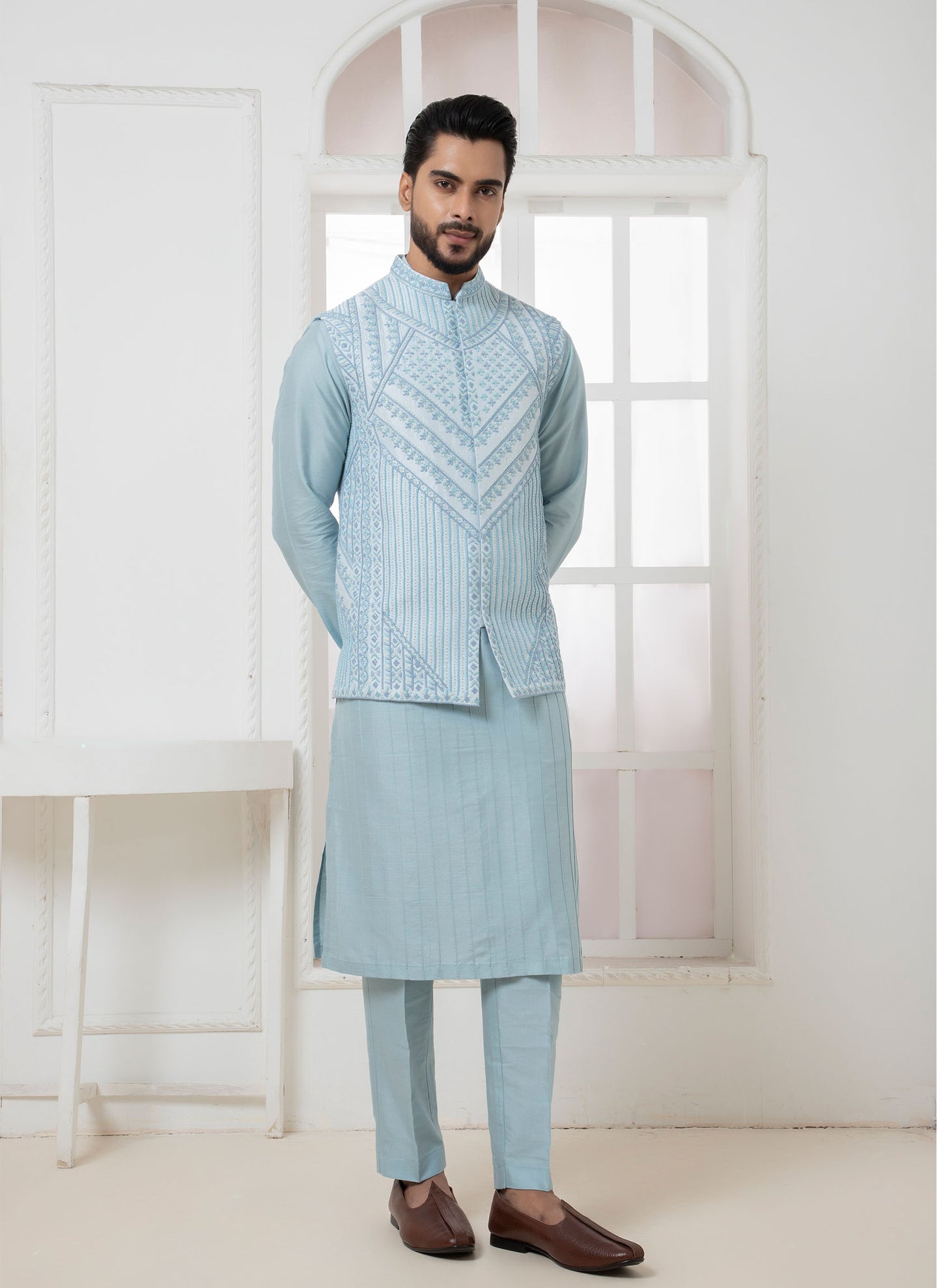 Blue Geometric Jacket with Kurta set