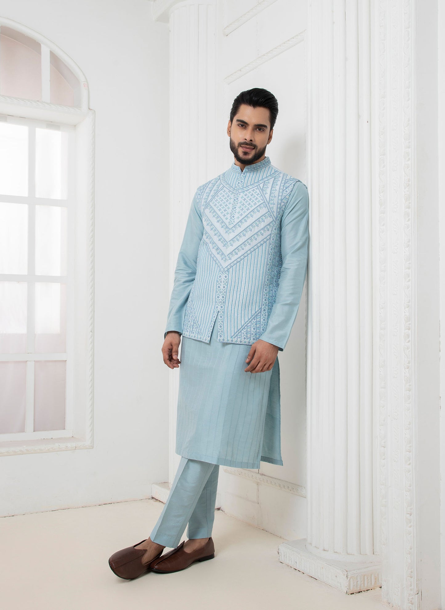 Blue Geometric Jacket with Kurta set