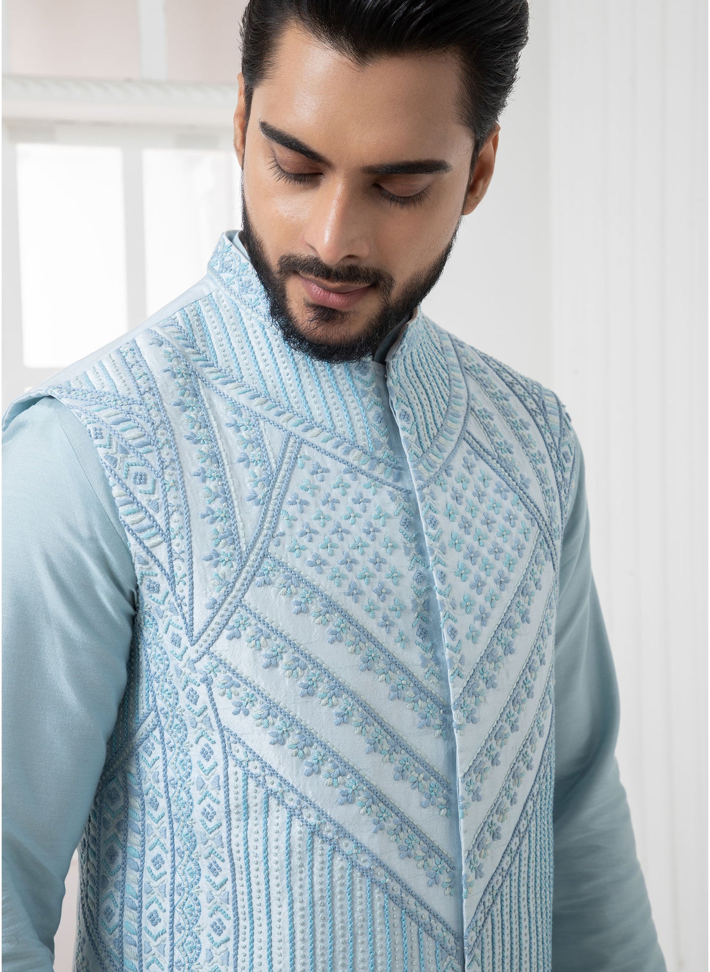 Blue Geometric Jacket with Kurta set