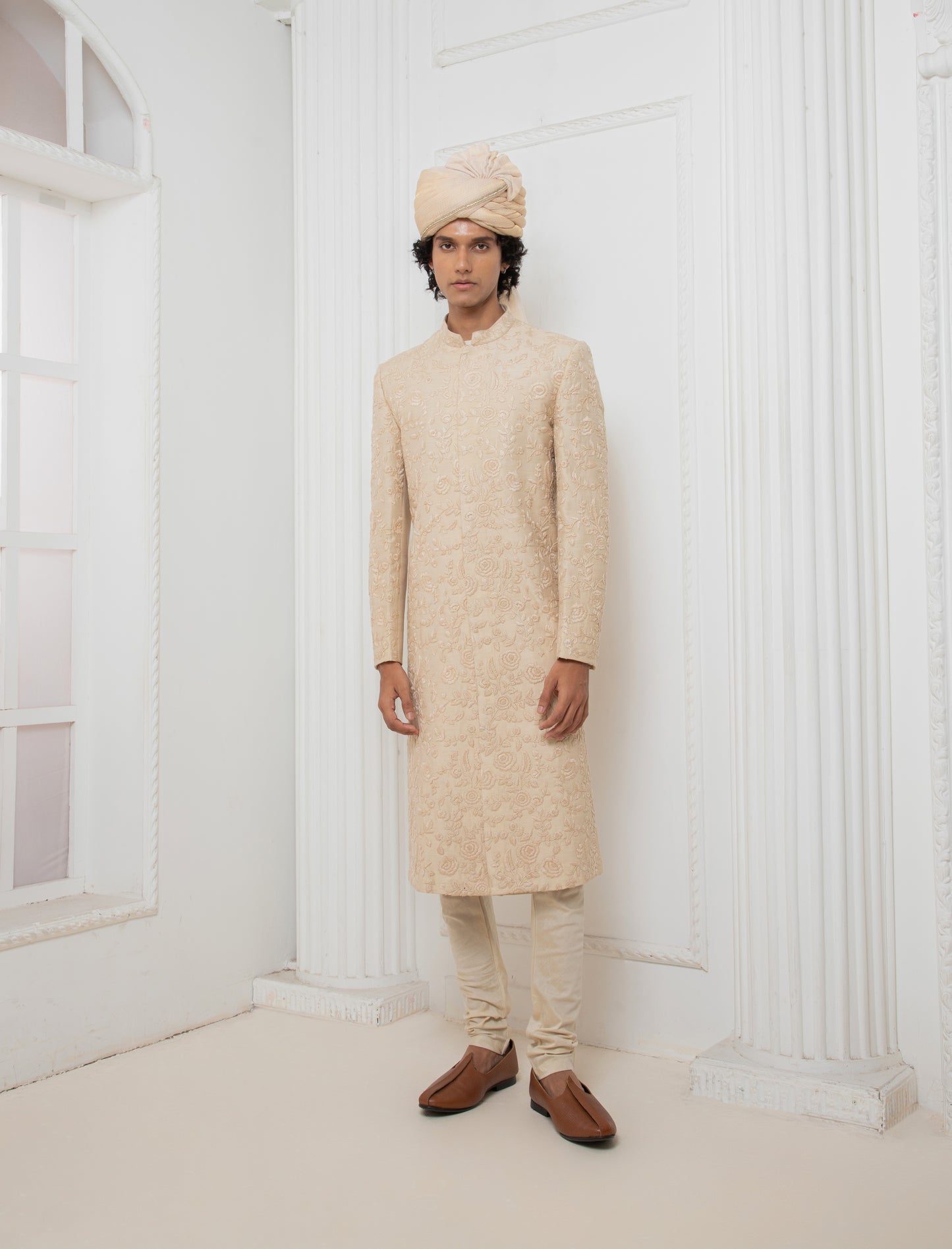 Fawn threadwork sherwani