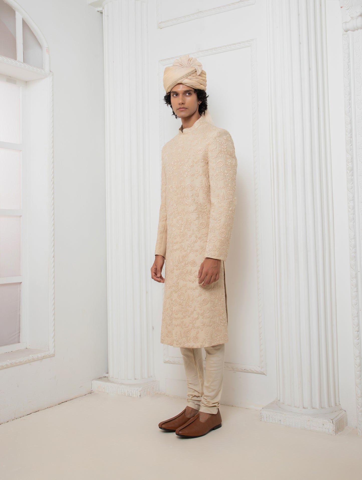 Fawn threadwork sherwani