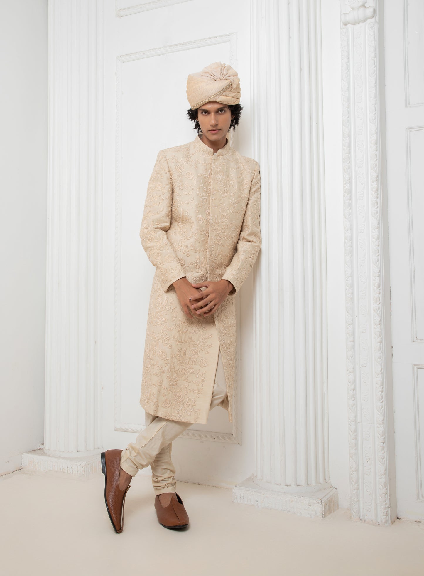 Fawn threadwork sherwani