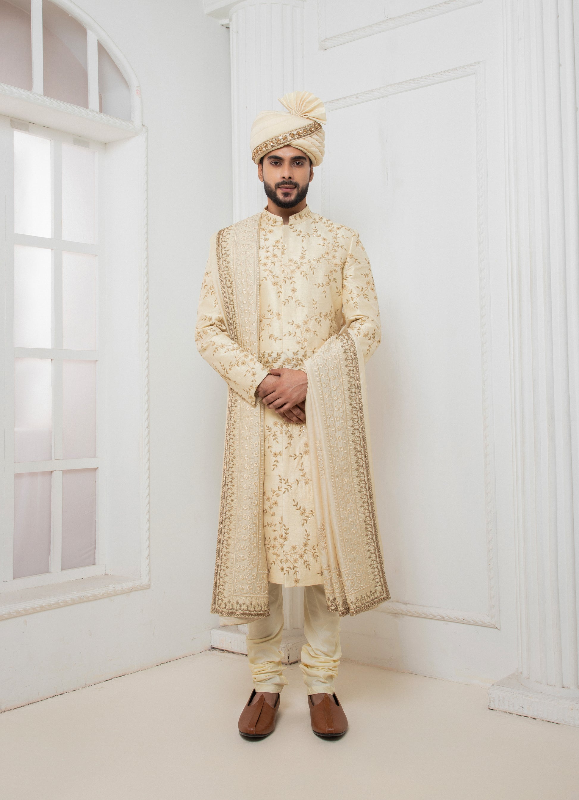 Beige Floral Zardosi Sherwani Success