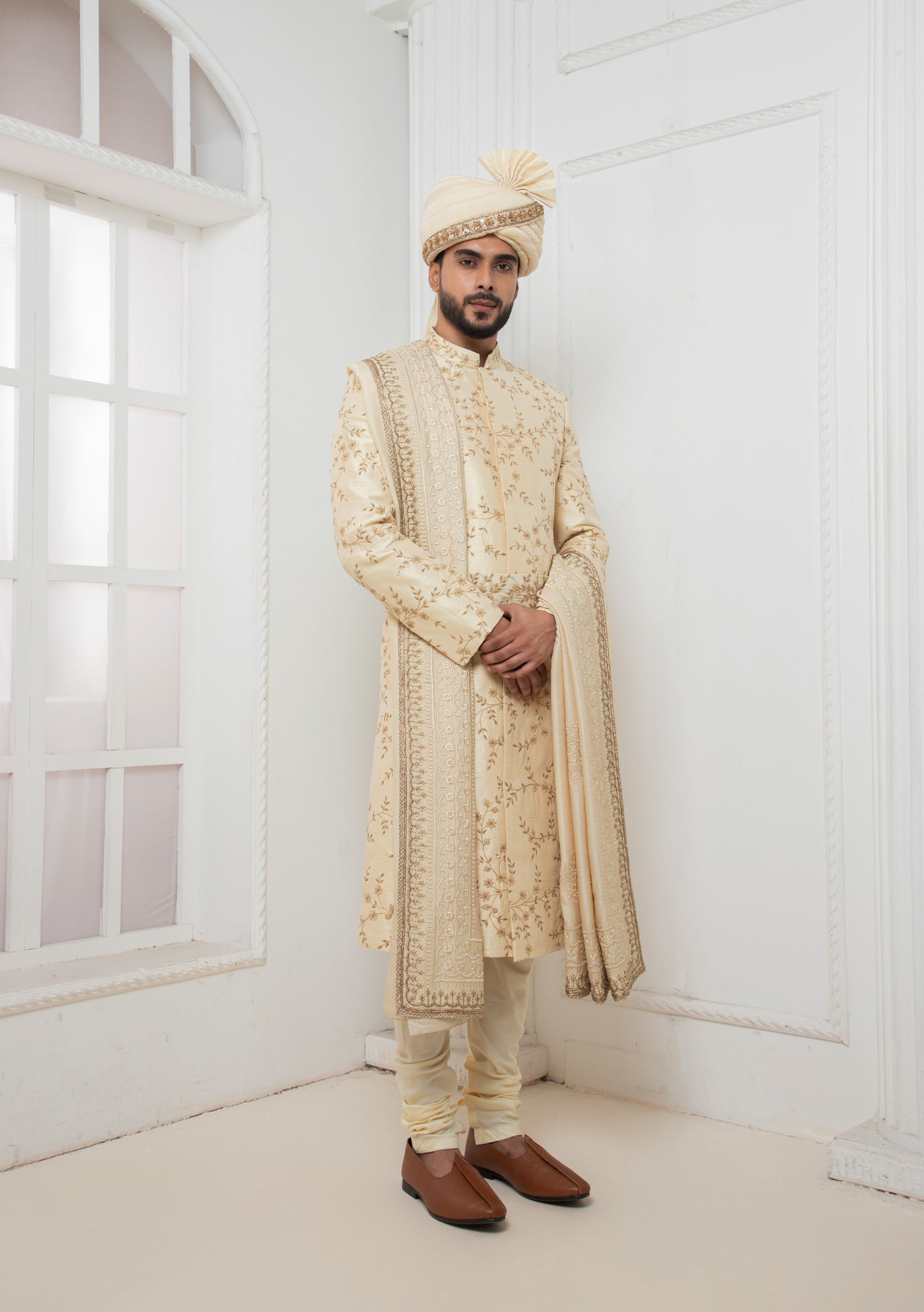 Beige Floral Zardosi Sherwani Success