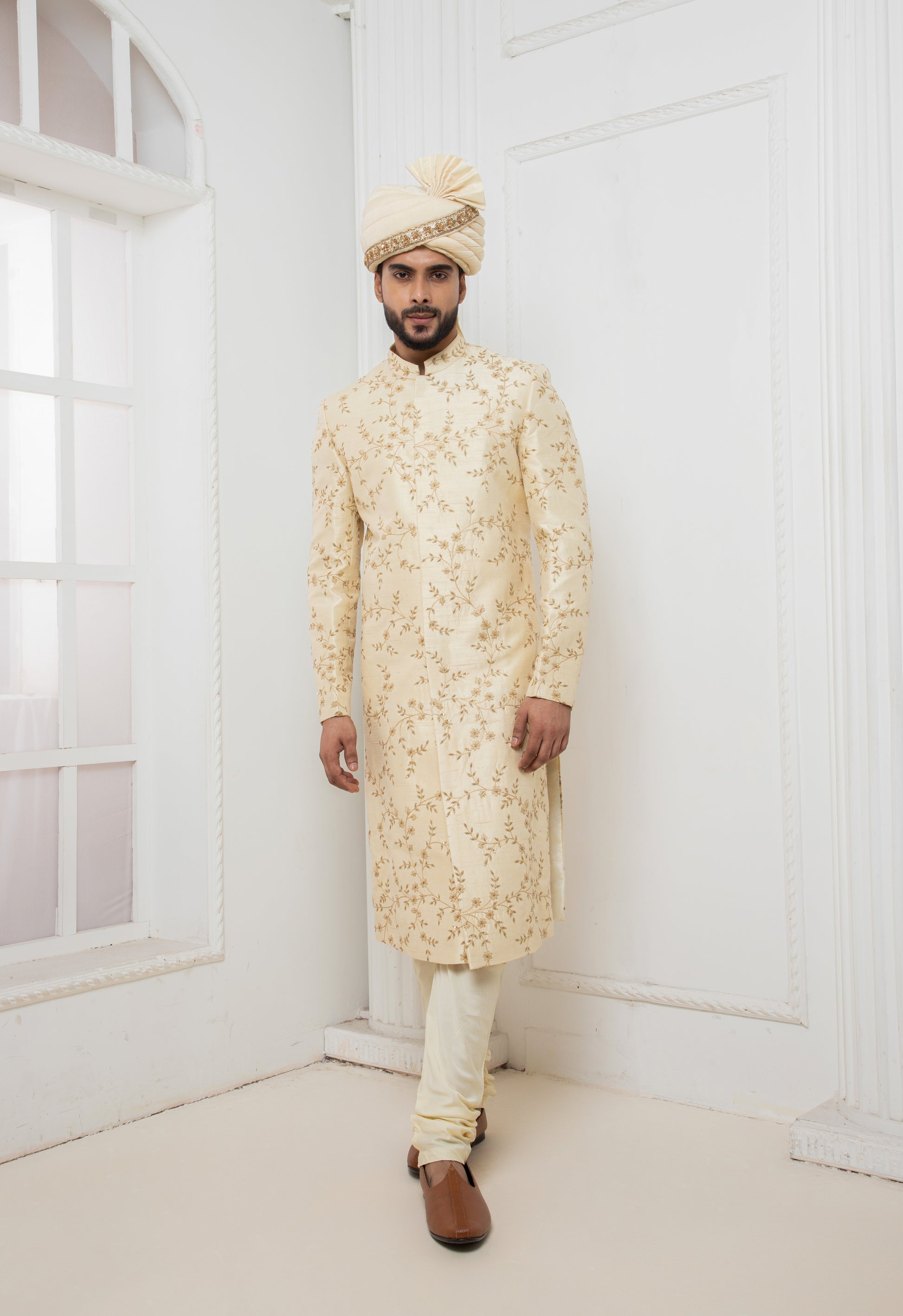 Beige Floral Zardosi Sherwani Success