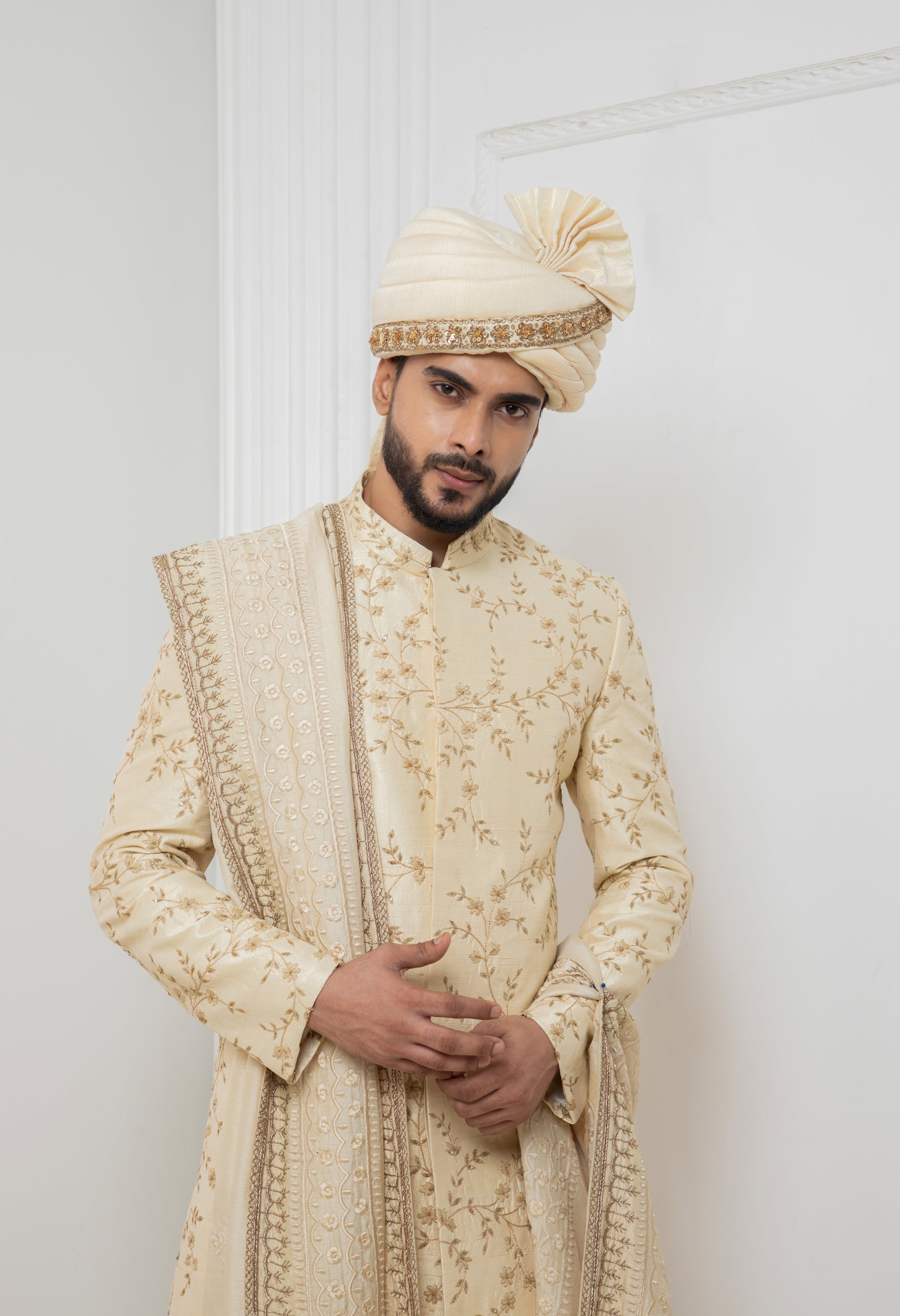 Beige Floral Zardosi Sherwani Success