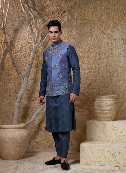 Hand Embroidered Elephant Jacket Kurta Set