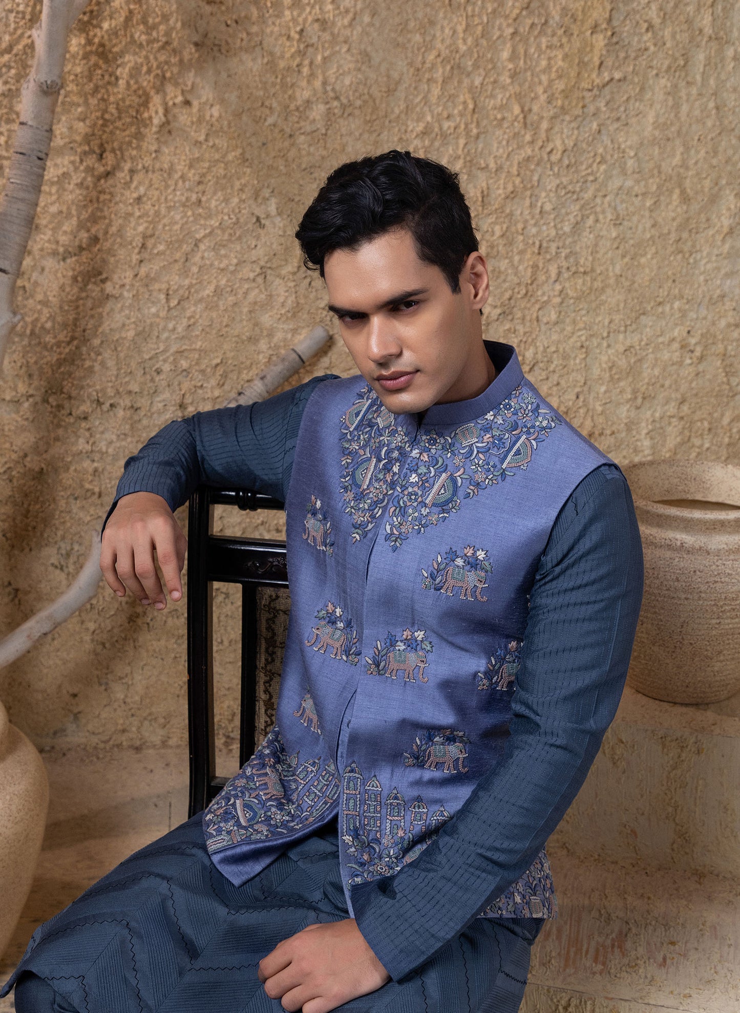 Hand Embroidered Elephant Jacket Kurta Set