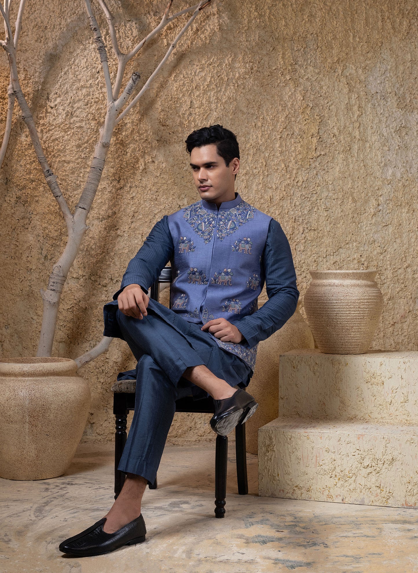 Hand Embroidered Elephant Jacket Kurta Set