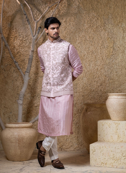 Pink Hand Embroidered Jacket Set