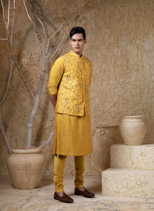 Mustard Hand embroidered Jacket Kurta Set