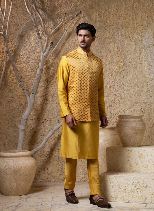 Mustard Embellished Jacket Kurta Set