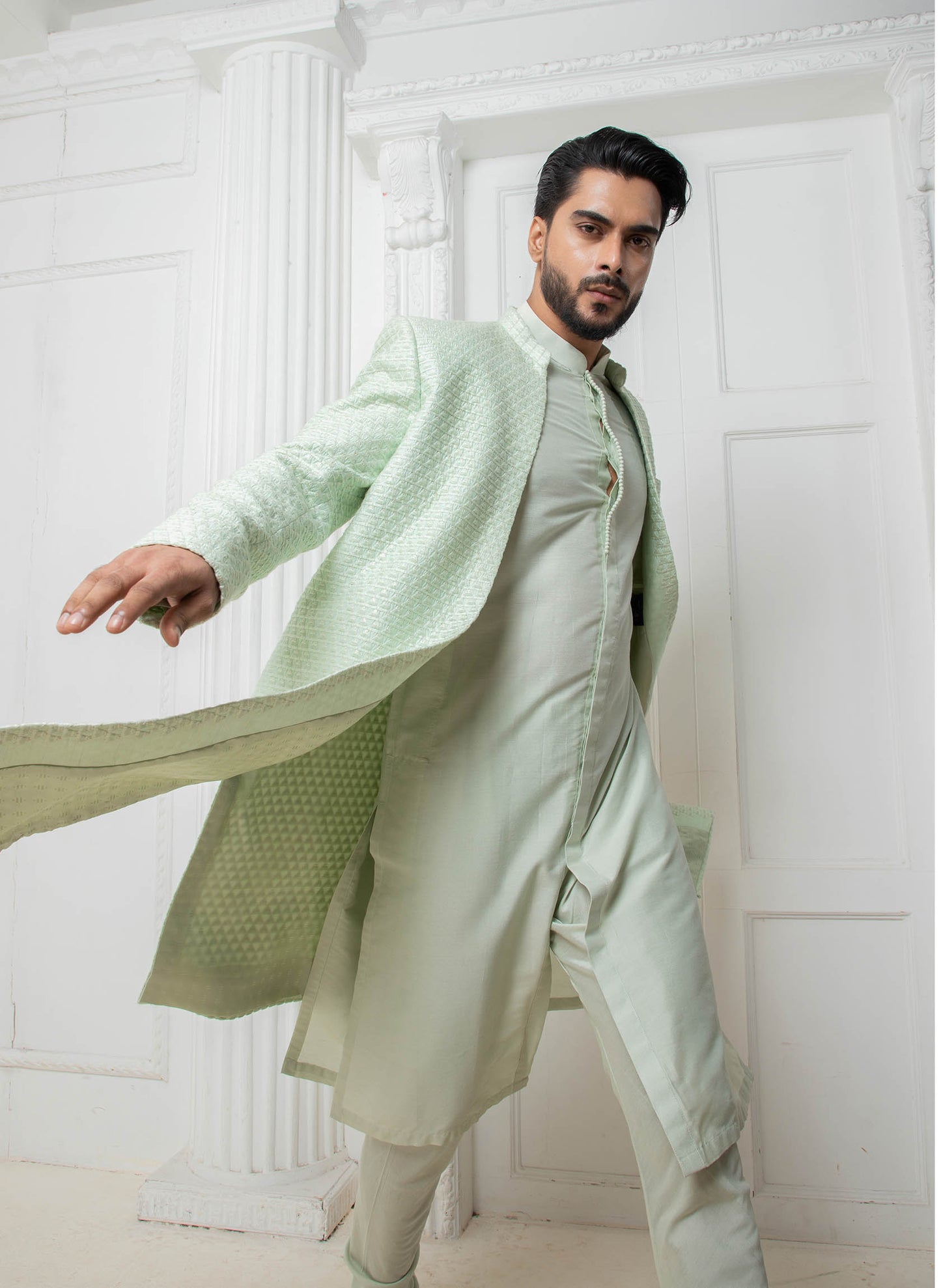 Mint long jacket with Kurta set