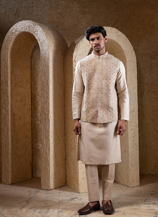 Beige Hand Embroidered Jacket Kurta Set