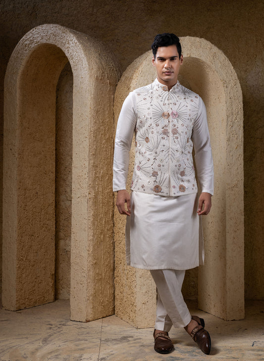 White Floral Jacket Kurta Set