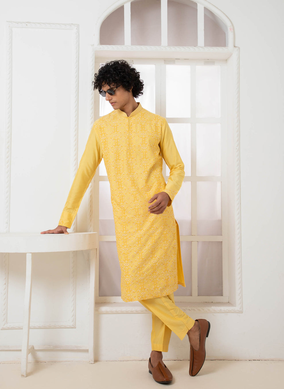 Yellow Embroidered Kurta set – Darshika Menswear
