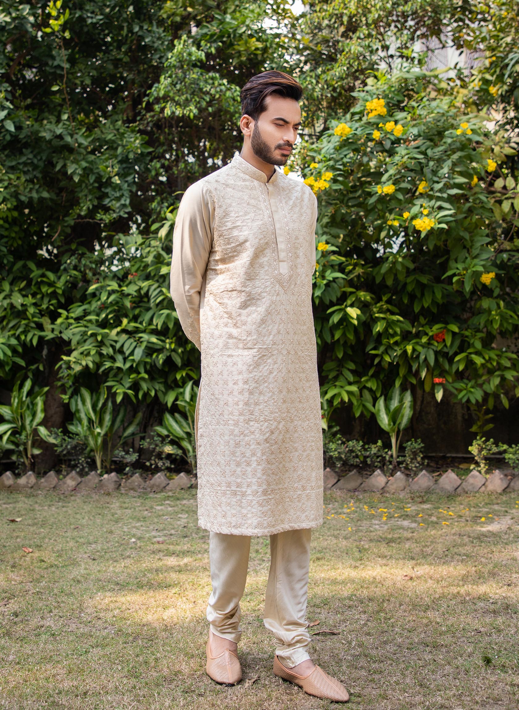 Beige Hand Embroidered Kurta Set