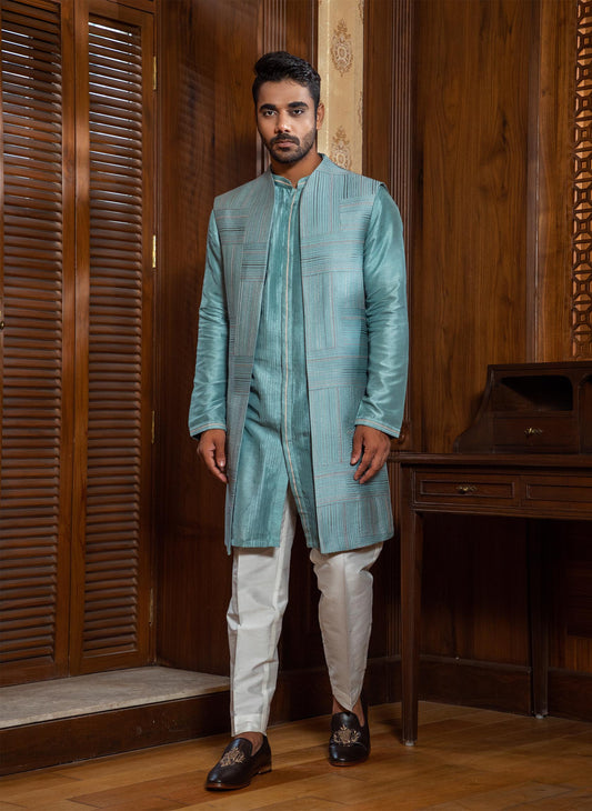 Blue Long Jacket with Kurta Set