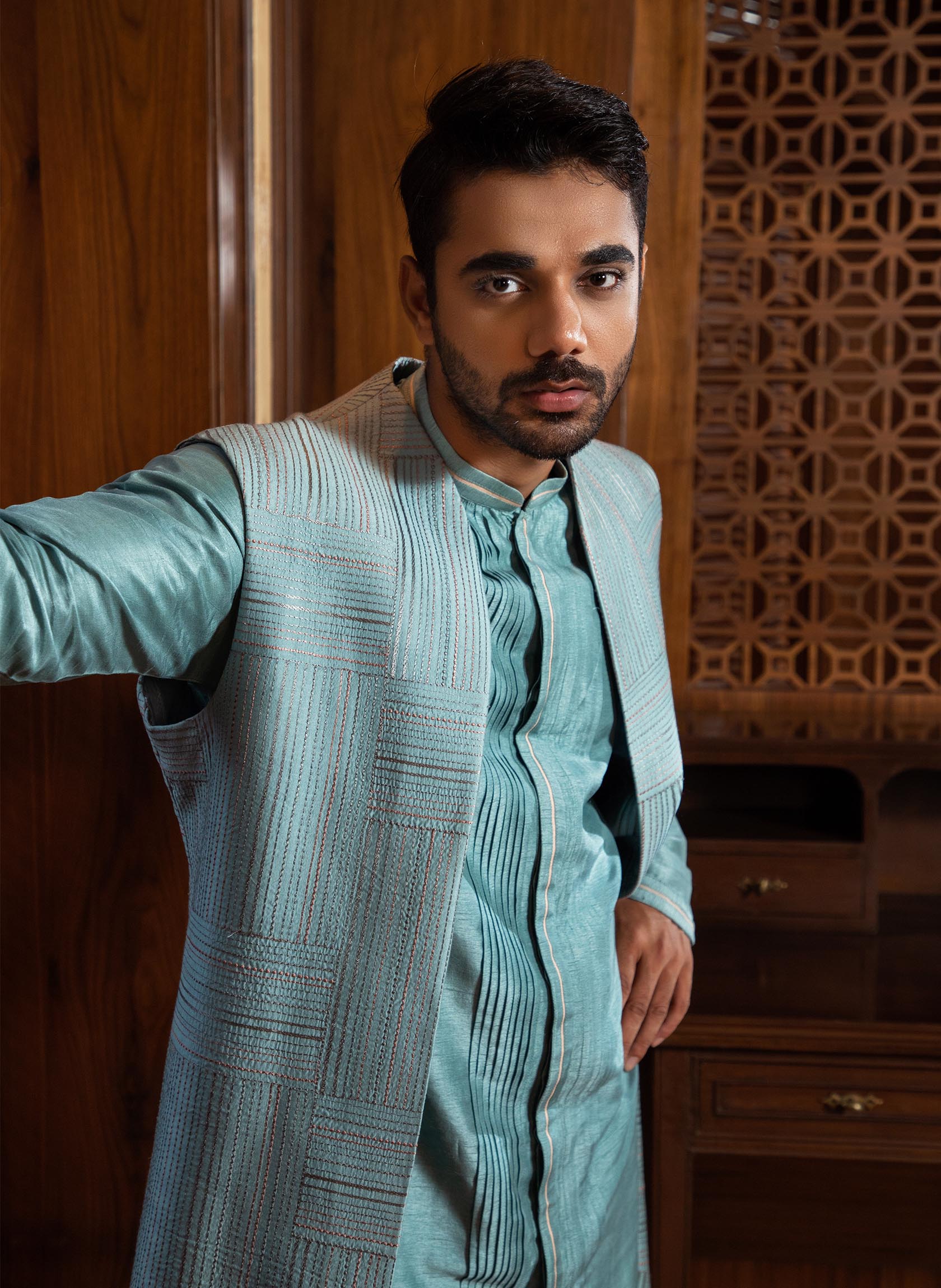 Ethnic Wear Blue Kurta with Nehru Jacket | Nehru jackets, How to wear,  Dupion silk