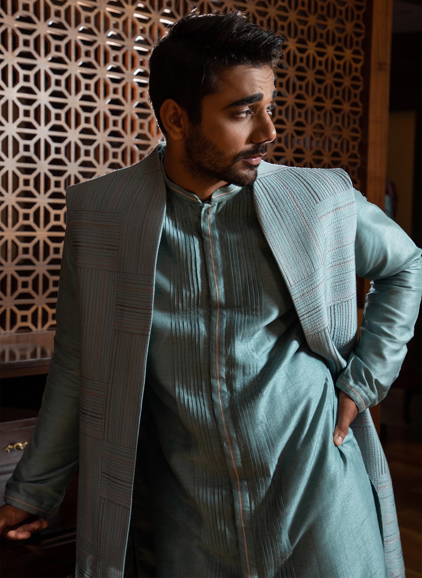 Buy RNG Safawala Printed Silk Kurta with Open-Front Jacket & Pyjama Set |  Blue Color Men | AJIO LUXE